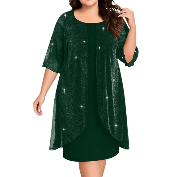 QQZ Womens Plus Size Mesh Cocktail Dress Petal 3/4 Sleeve Round Neck Wedding Guest Party Midi Dresses