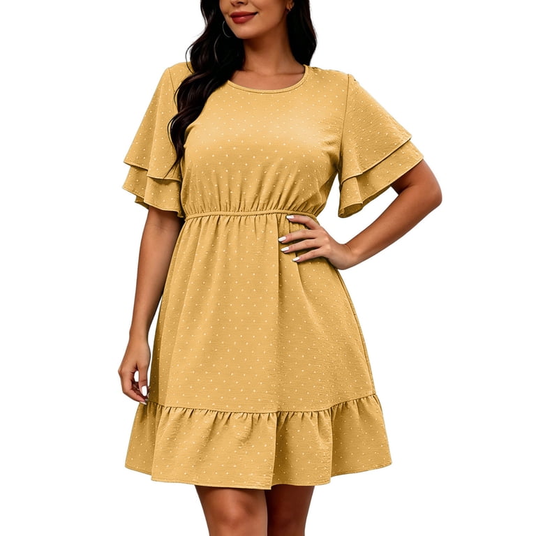 QQZ Womens Plus Size Summer Casual Midi Dress Short Ruffle Sleeve Tiered Empire Waist T-Shirt Dress