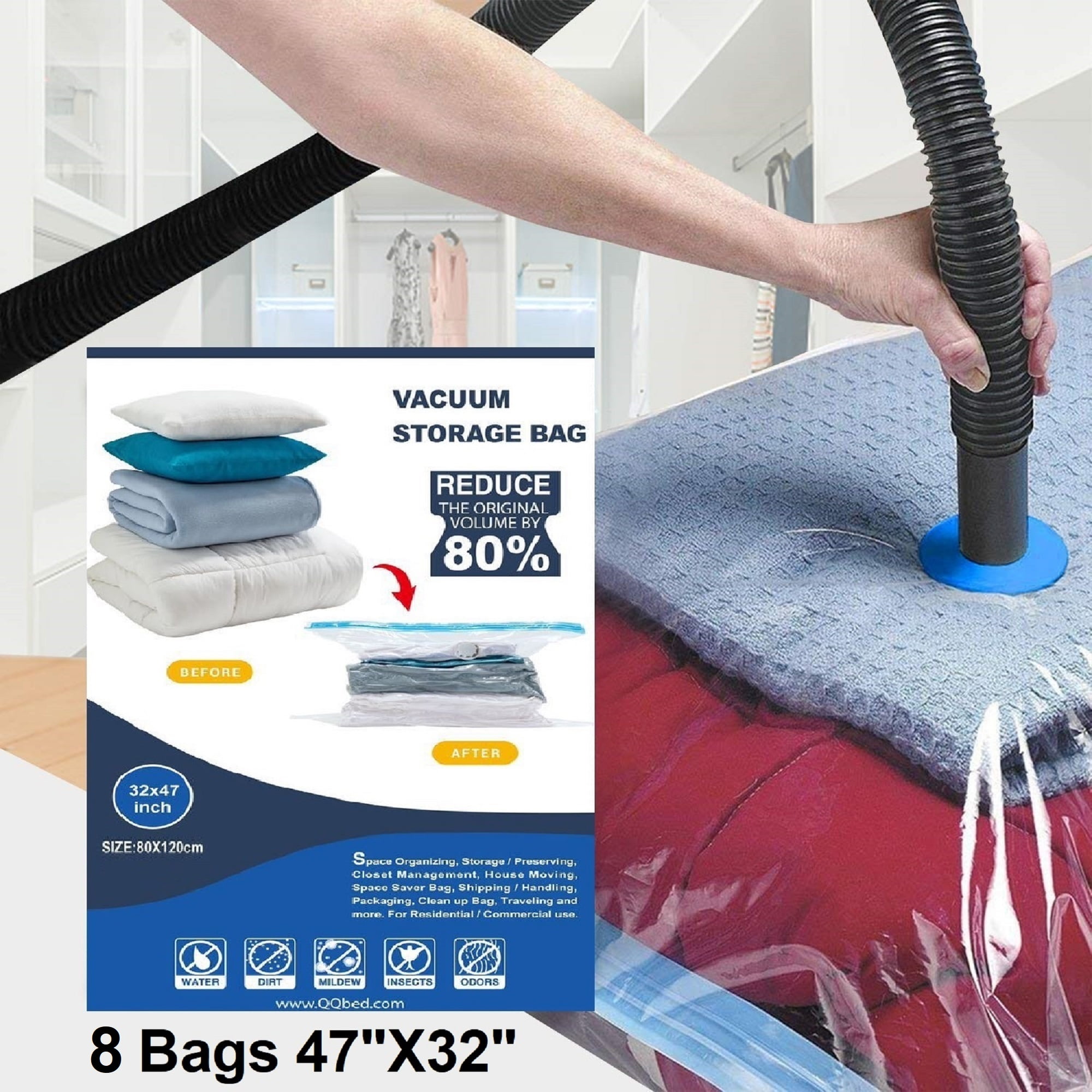 QQbed 12 Pack: 12 Clear Airtight Vacuum Storage Bags for Wardrobes, Closets, Adults