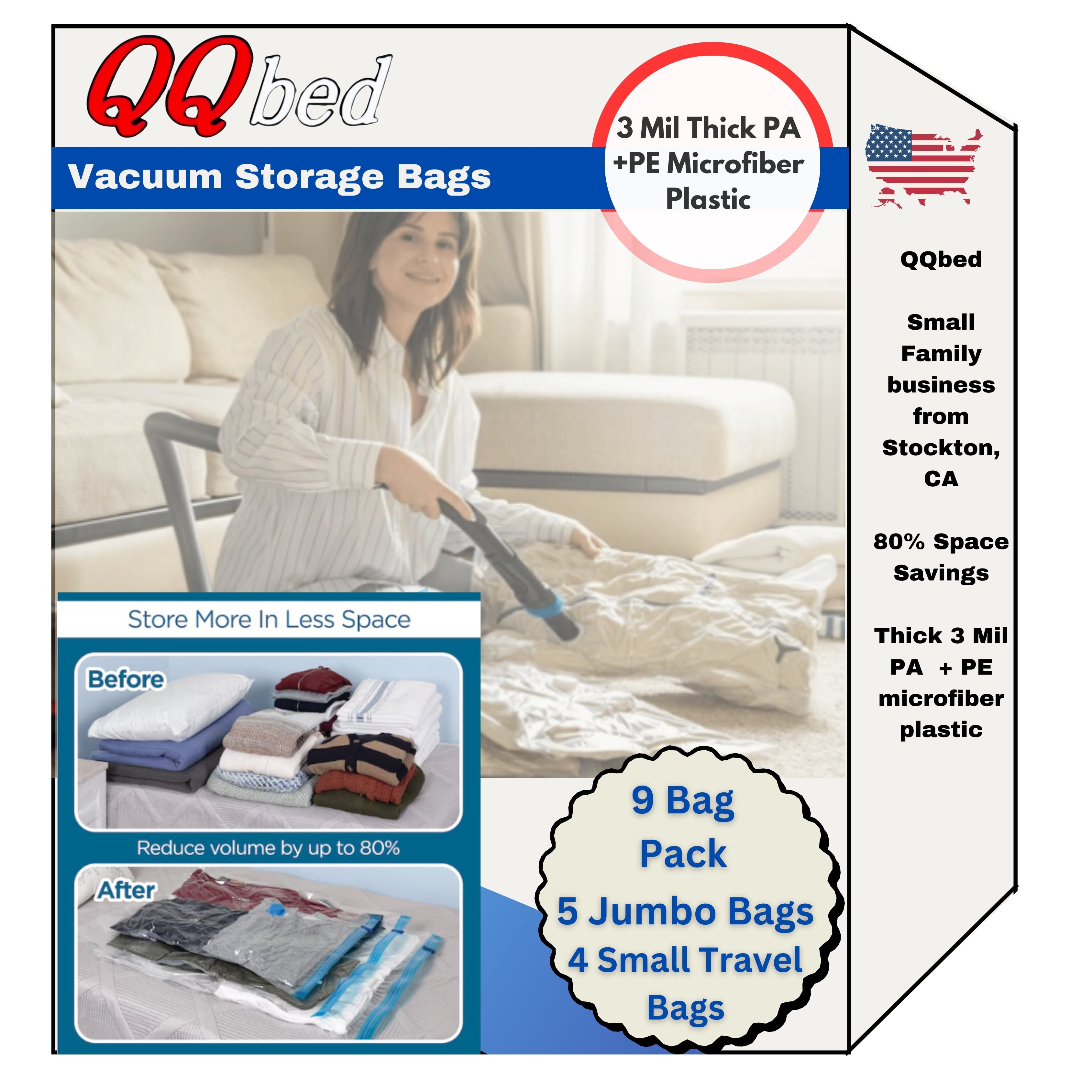 QQbed 13 PACK Clear No Color - 9 Large Vacuum Seal Space Saver Storage Bags + 4 Travel Bags