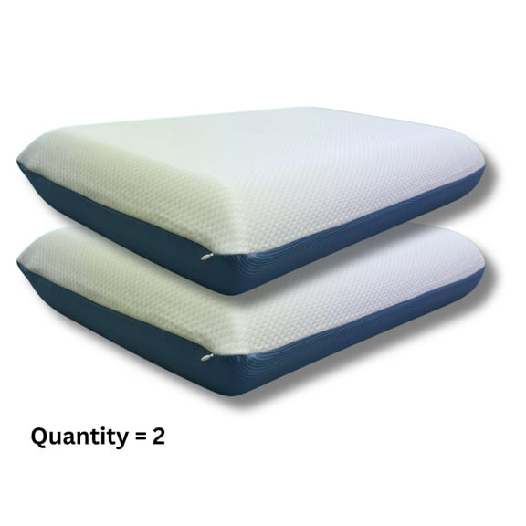 QQbed Essentials Memory Foam Bed Pillow for Pressure Relief, Adaptive Memory Foam Pillow with Washable Knit Cover, Standard, 24 x 16 in x 5.5 in, White / Blue