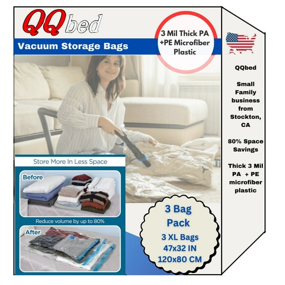 QQbed Vacuum Storage Closet Organizer Bags, Adult, Portable, Bundle, 3 Bags, 3 Sealing Clips, Clear
