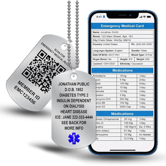 QR Code Medical ID Dog Tag Necklace  Stainless Steel Emergency Alert with Digital Medical Profile, No Subscription