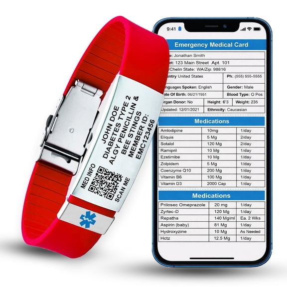 QR EMC Sport Medical Alert Bracelet with 4-Line Custom Engraving, QR Code, Waterproof Silicone Medical ID Bracelet & Emergency Medical Card