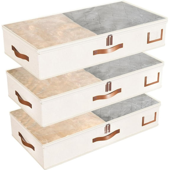 QRCOO Under-Bed Storage Box 3 Pack Blanket Storage 52L Under Bed Clothes Organizer with Sturdy Structure and Ultra Thick Fabric for Under Bed Organizer Ivory White