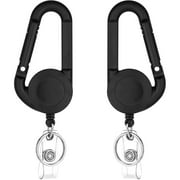 QREEL Heavy Duty Badge Reel, Retractable Keychain, Retractable Badge Holder with Carabiner Clip & Key Ring (Black, 2-Pack)