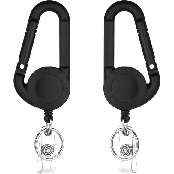 QREEL Heavy Duty Badge Reel, Retractable Keychain, Retractable Badge Holder with Carabiner Clip & Key Ring (Black, 2-Pack)