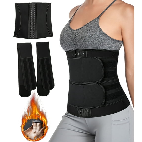 QRIC 2-In-1 Neoprene Sauna Waist Trainer Corset Sweat Belt for Women Weight Loss Compression Trimmer Shapewear With 2 Detachable Straps