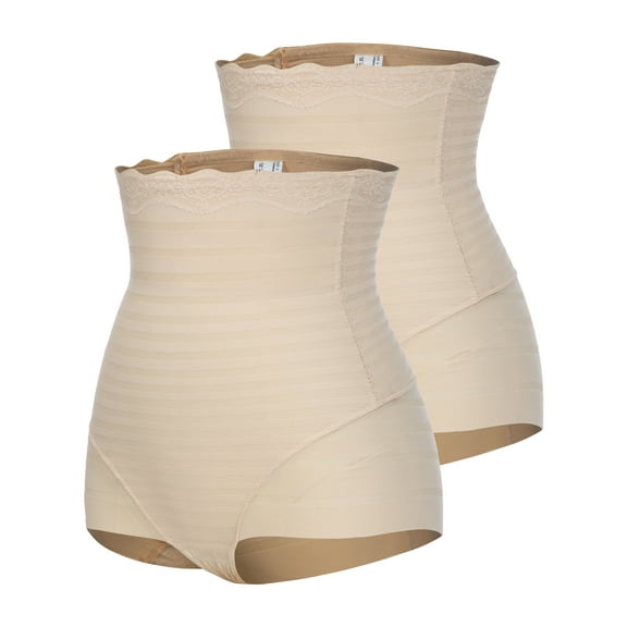 QRIC 2 Pack Lace Stripe High Waist Compression Tummy Control Panties Shapewear Thong for Women Undergarments Body Shaper Beige*2