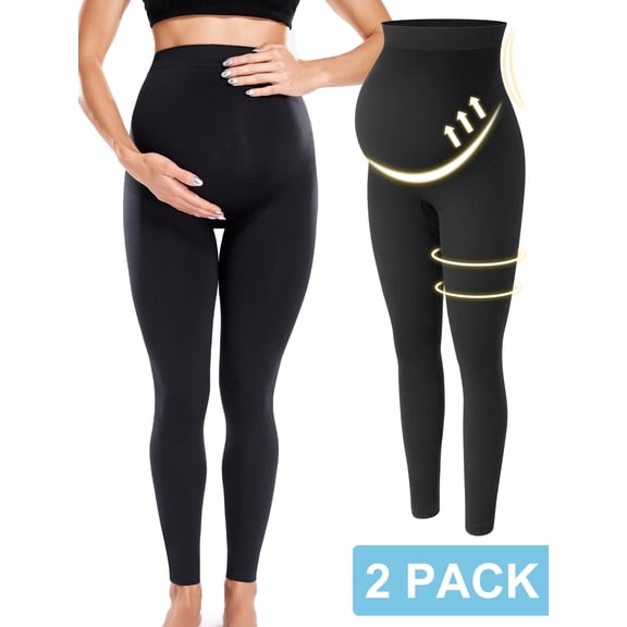 QRIC 2 Pack Maternity Leggings High Waist Belly Support Leggins for Pregnant Women Pregnancy Skinny Pants Body Shaping Postpartum Trousers