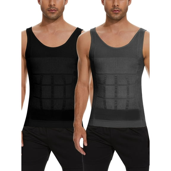 QRIC 2 Pack Men Slimming Body Shaper Vest Chest Compression Shirts Abs Abdomen Slim Tank Top Undershirt Shapewear Tank Top for Men