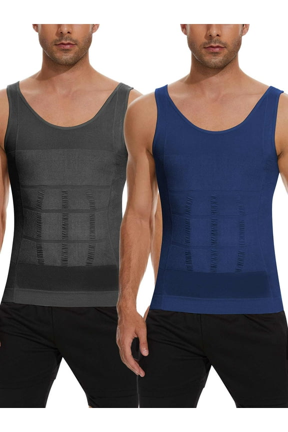 2 Pack Men Slimming Body Shaper Vest Chest Compression Shirts Abs Abdomen Slim Tank Top Undershirt Shapewear Tank Top for Men