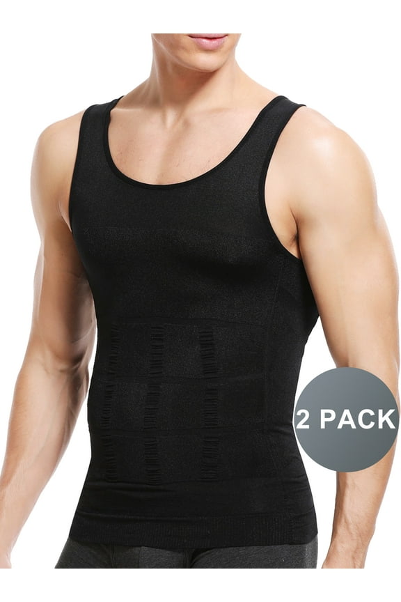 QRIC 2 Pack Mens Compression Shirts Shapewear Slimming Body Shaper Tank Top Vest Belly Control Undershirt Black L
