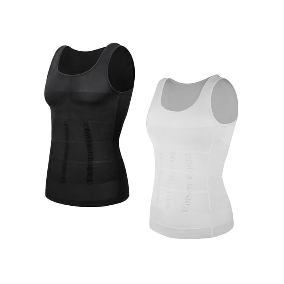 QRIC 2 Pack Mens Compression Shirts Shapewear Slimming Body Shaper Tank Top Vest Belly Control Undershirt Black+White 2XL