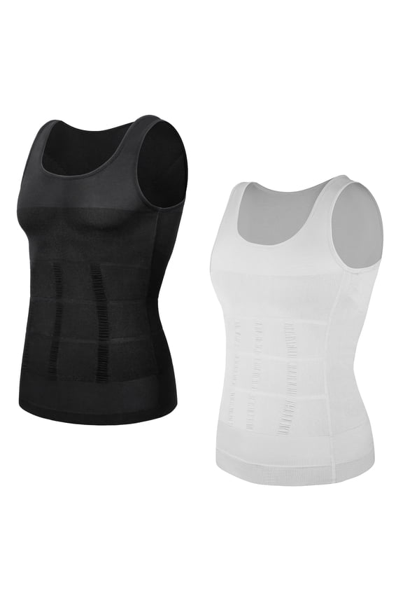 2 Pack Mens Compression Shirts Shapewear Slimming Body Shaper Tank Top Vest Belly Control Undershirt Black+White 2XL