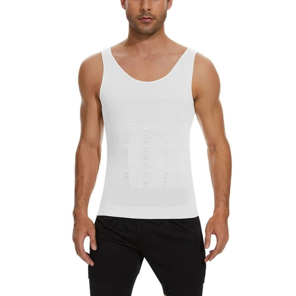 QRIC 2 Pack Mens Compression Shirts Shapewear Slimming Body Shaper Tank Top Vest Belly Control Undershirt White L