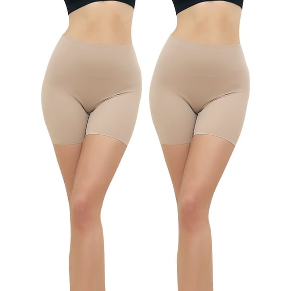 QRIC 2-Pack Nude Slip Shorts for Women Under Dress Seamless Anti-chafing Slips Safety Pants Belly Smooth Ice Silk Boyshort (S-XL)