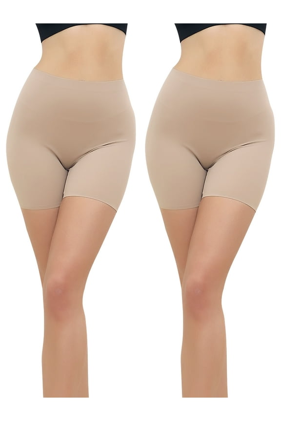 2-Pack Nude Slip Shorts for Women Under Dress Seamless Anti-chafing Slips Safety Pants Belly Smooth Ice Silk Boyshort (S-XL)