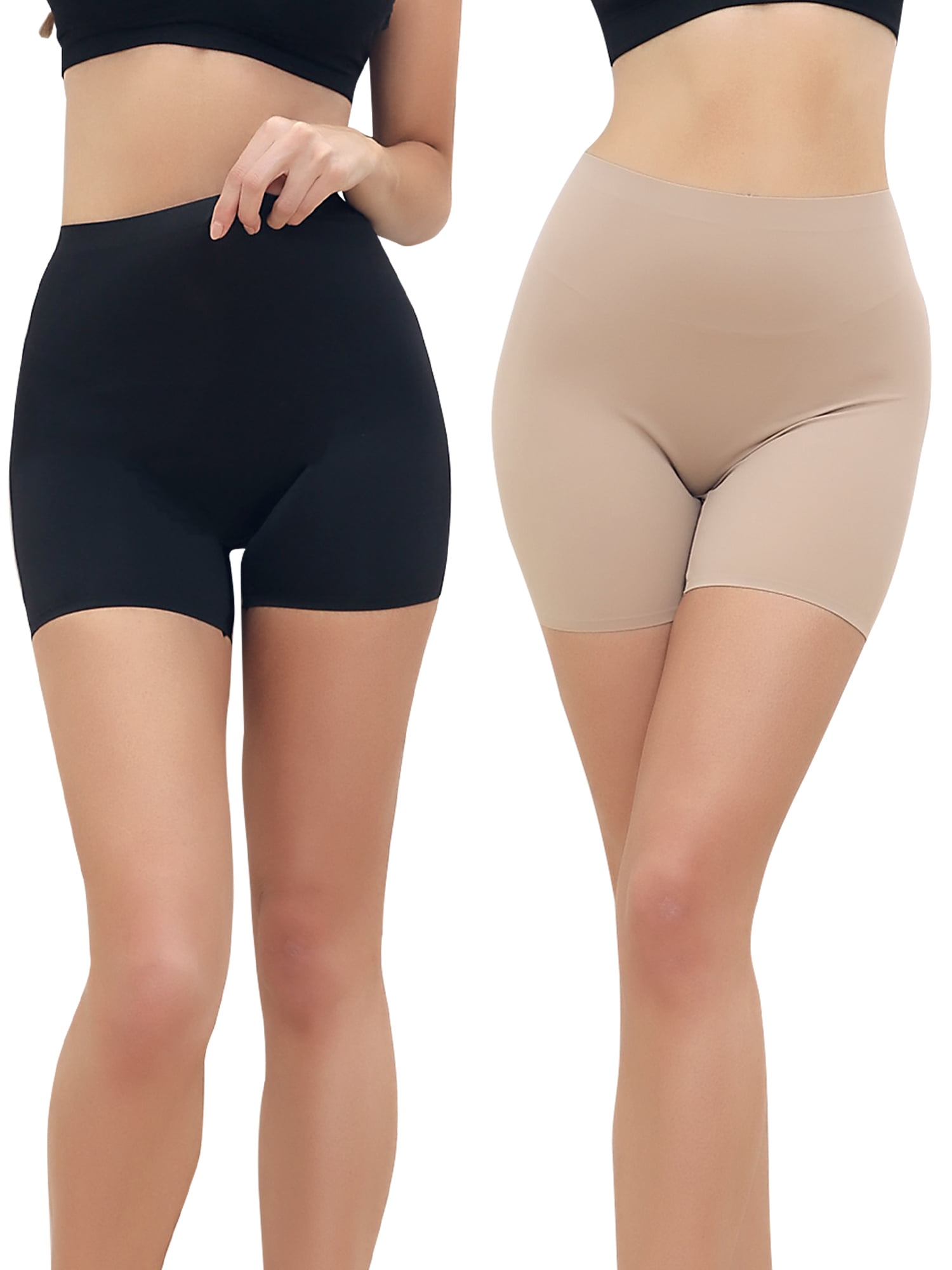 QRIC 2-Pack Nude Slip Shorts for Women Under Dress Seamless Anti-chafing  Slips Safety Pants Belly Smooth Ice Silk Boyshort (S-XL) 