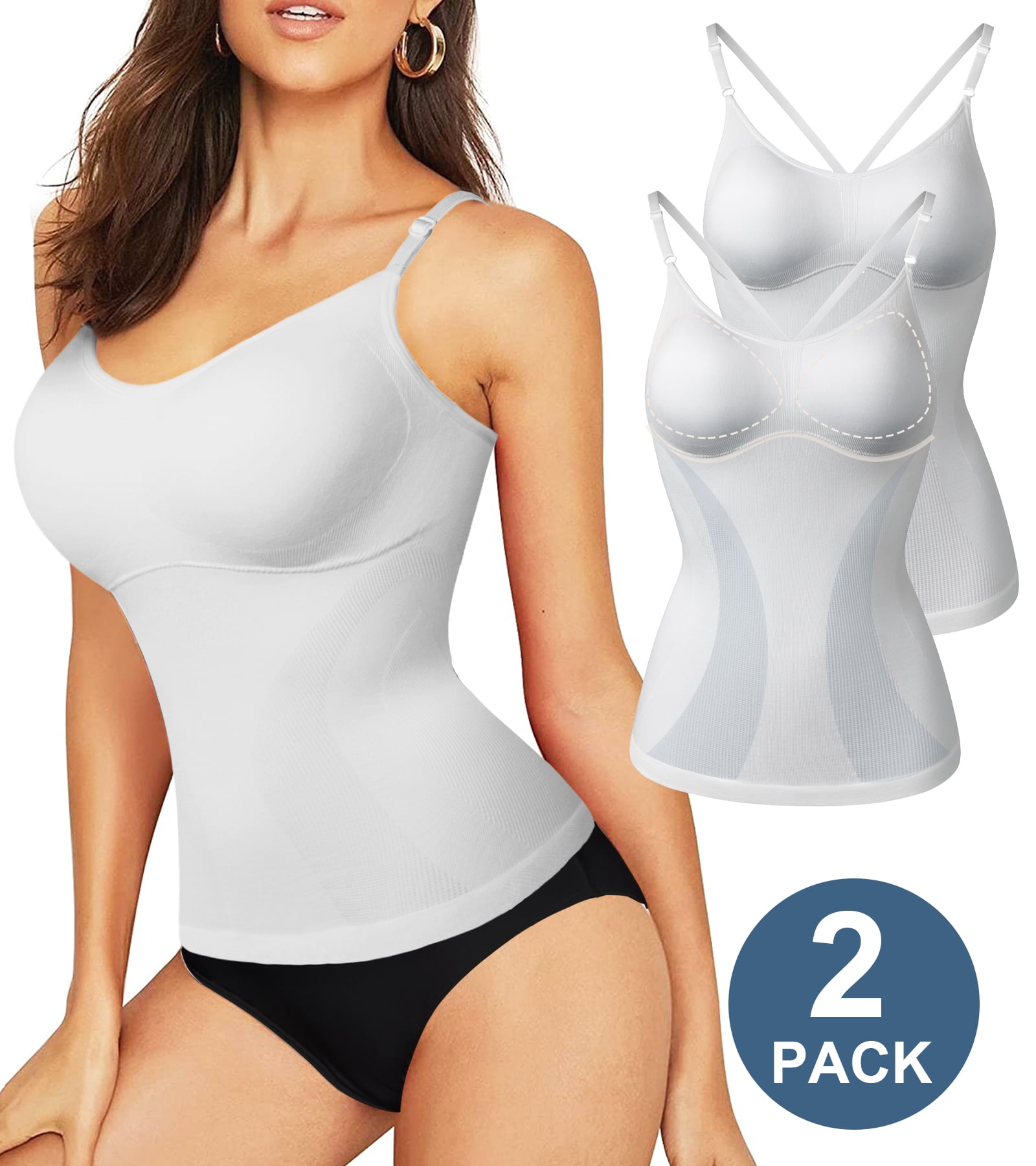 QRIC 2-Pack Women Cami Shapewear with Built in Bra Tummy Control
