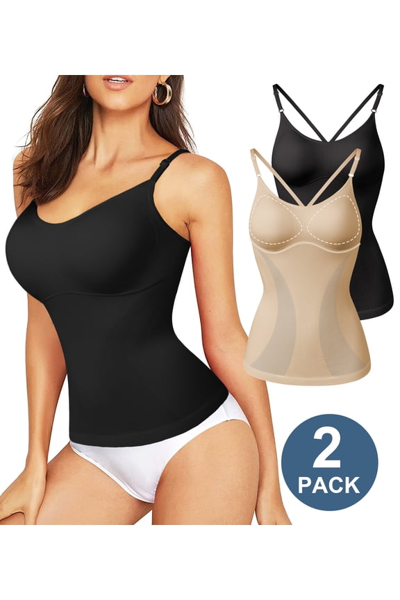 2 Pack Shapewear Tops for Women Tummy Control Body Shaper Cami With Built-in Bra