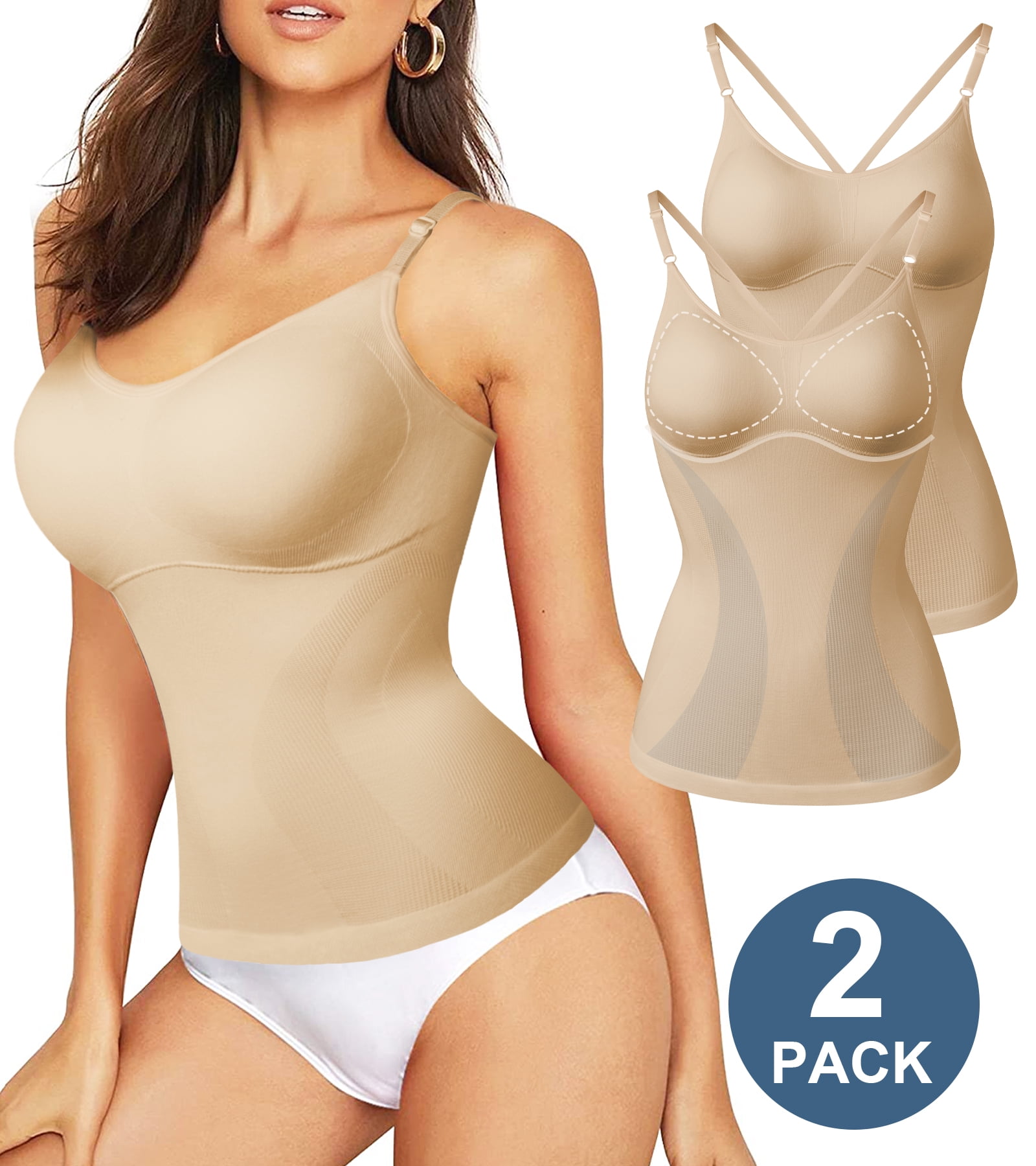 QRIC 2 Pack Shapewear Tops for Women Tummy Control Body Shaper Cami With  Built-in Bra 
