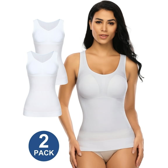 QRIC 2 Pack Tummy Control Camisole for Women Shapewear Tank Tops with Built in Bra Slimming Compression Top Vest Seamless Body Shaper