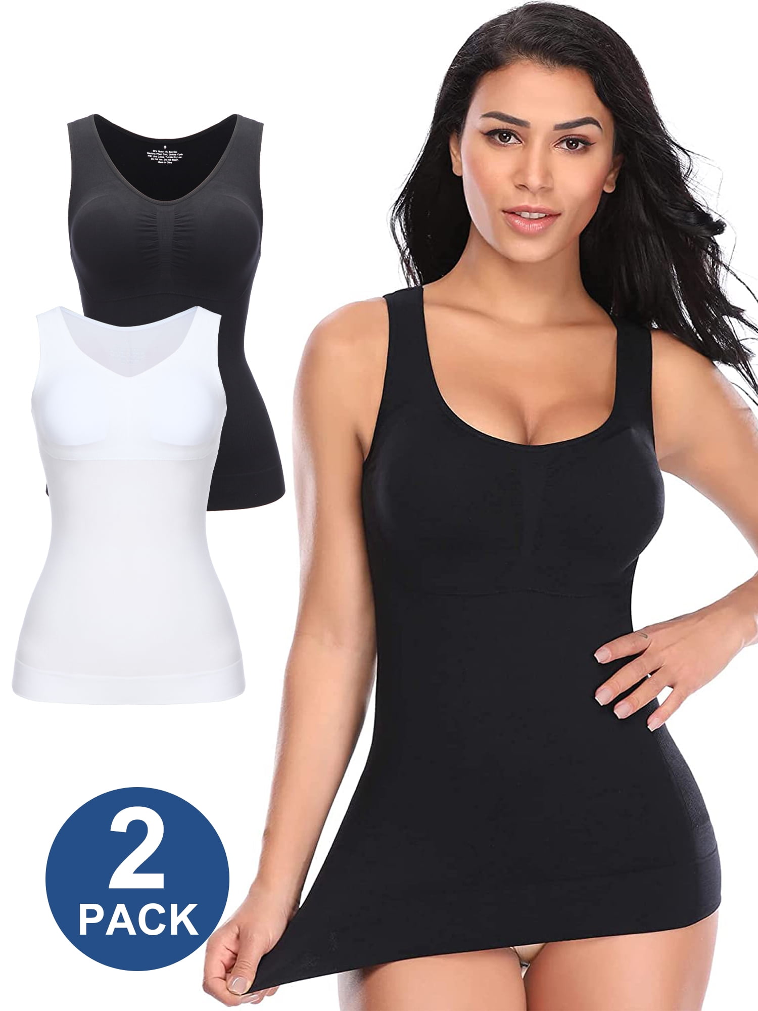 QRIC 2 Pack Tummy Control Camisole for Women Shapewear Tank Tops with Built  in Bra Slimming Compression Top Vest Seamless Body Shaper 