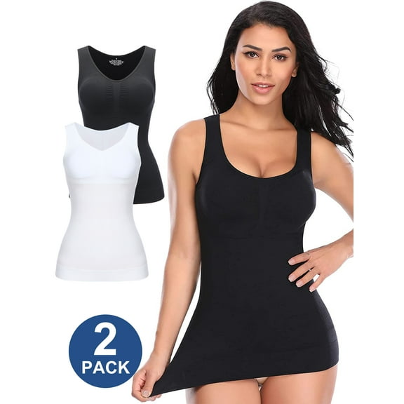 QRIC 2 Pack Tummy Control Camisole for Women Shapewear Tank Tops with Built in Bra Slimming Compression Top Vest Seamless Body Shaper