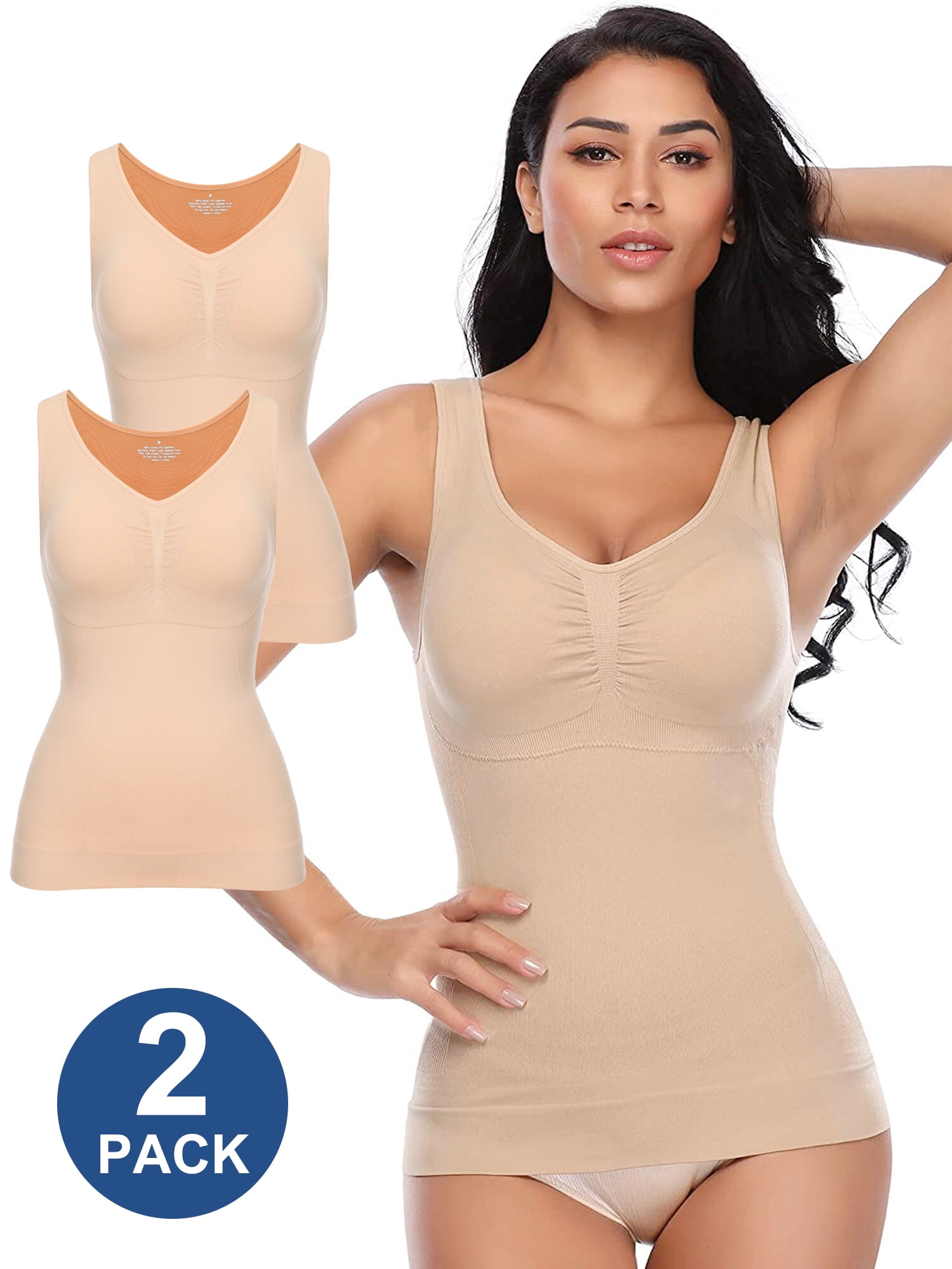 QRIC 2 Pack Tummy Control Camisole for Women Shapewear Tank Tops with Built  in Bra Slimming Compression Top Vest Seamless Body Shaper