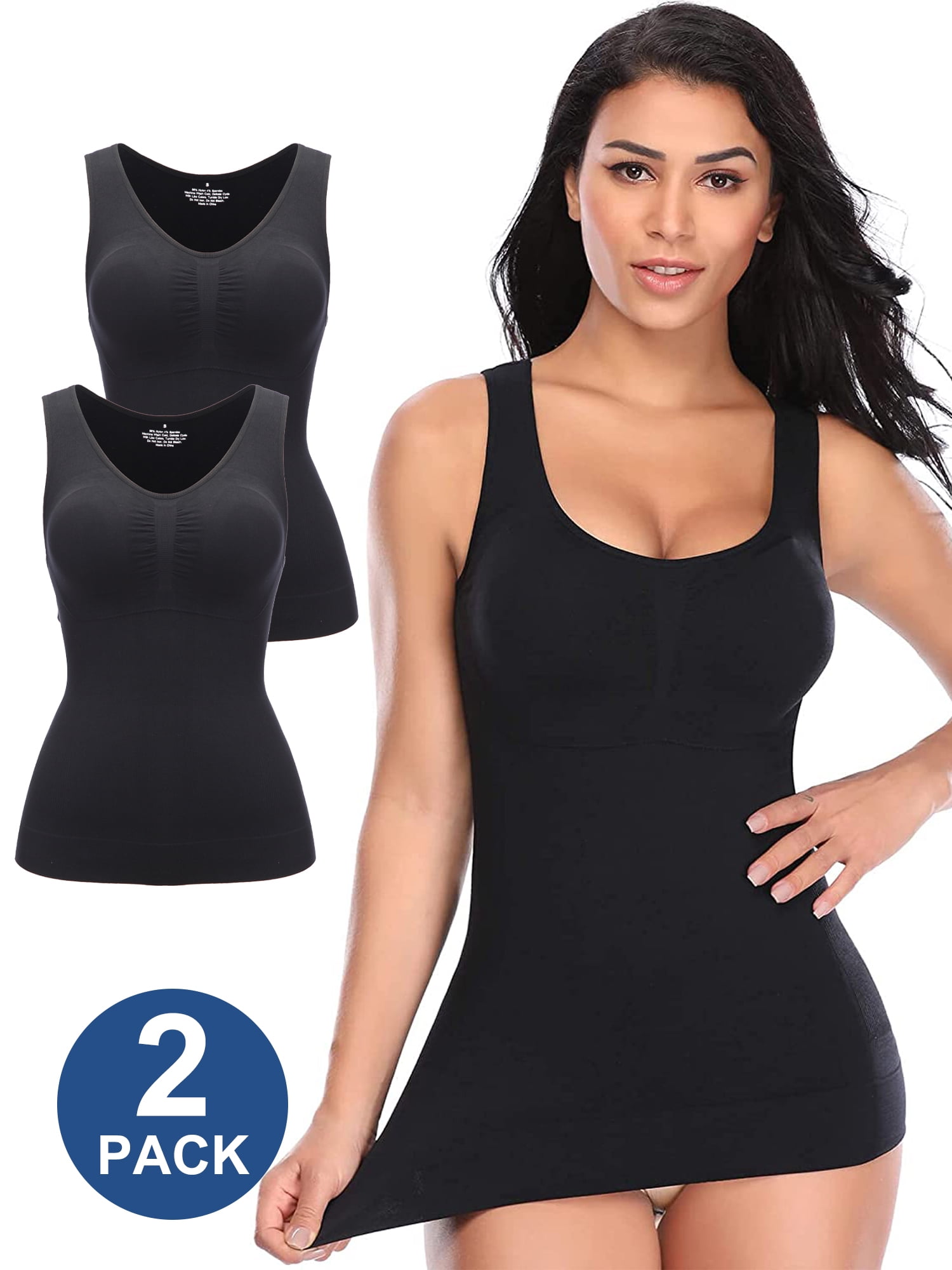 QRIC 3 Pack Tummy Control Camisole for Women Shapewear Tank Tops with Built  in Bra Slimming Compression Top Vest Seamless Body Shaper 