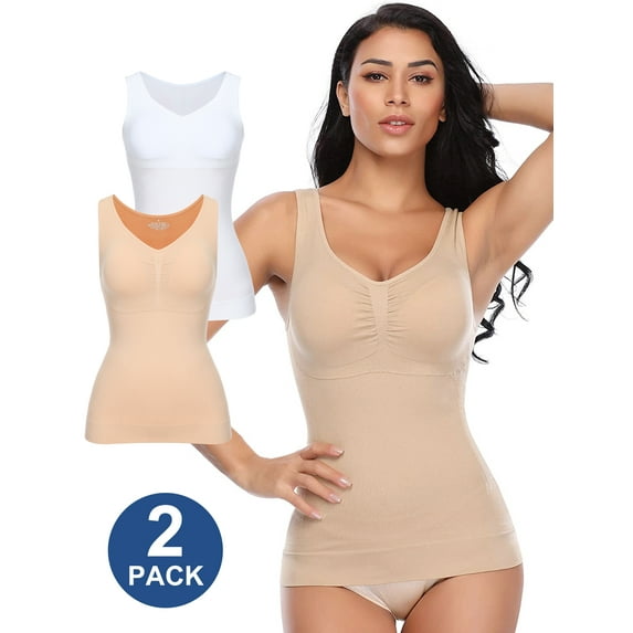 QRIC 2 Pack Tummy Control Camisole for Women Shapewear Tank Tops with Built in Bra Slimming Compression Top Vest Seamless Body Shaper
