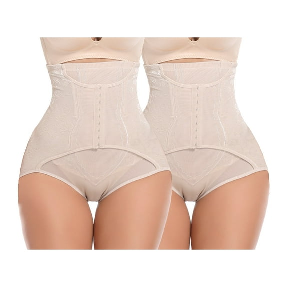 QRIC 2-Pack Tummy Control Panties for Women Shapewear Butt Lifter Short High Waist Trainer Corset Slimming Body Shaper Underwear - Beige/Beige (XS-3XL)