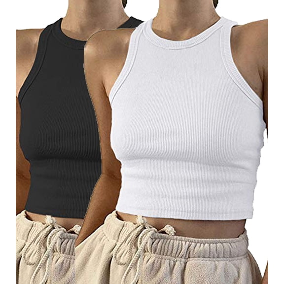 QRIC 2 Pack Women Basic Ribbed Knit Solid Tank Top Crew Neck Sleeveless Crop Top Y2K Summer Camisole Vest Top (S-L)