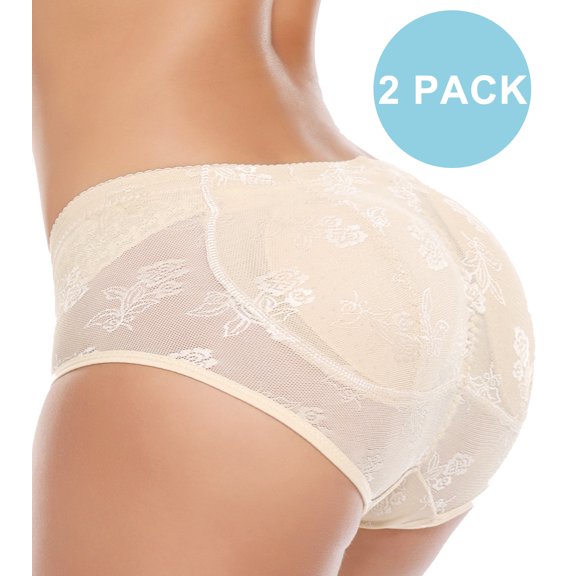 QRIC 2 Pack Women Butt Lifter Padded Panties Hip Enhancer Lace Briefs Body Shaper Underwear with Removable Pads Beige L