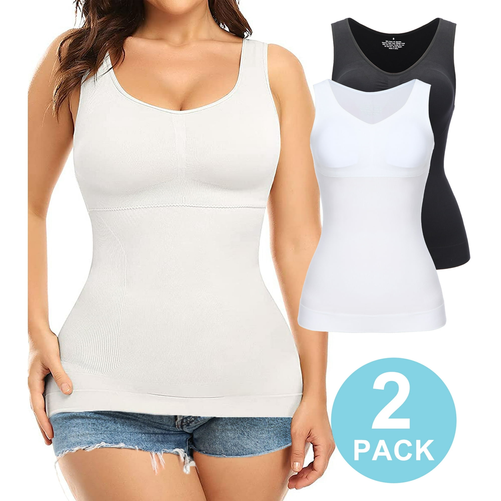 QRIC 2-Pack Women Cami Shapewear with Built in Bra Basic Yoga Tank