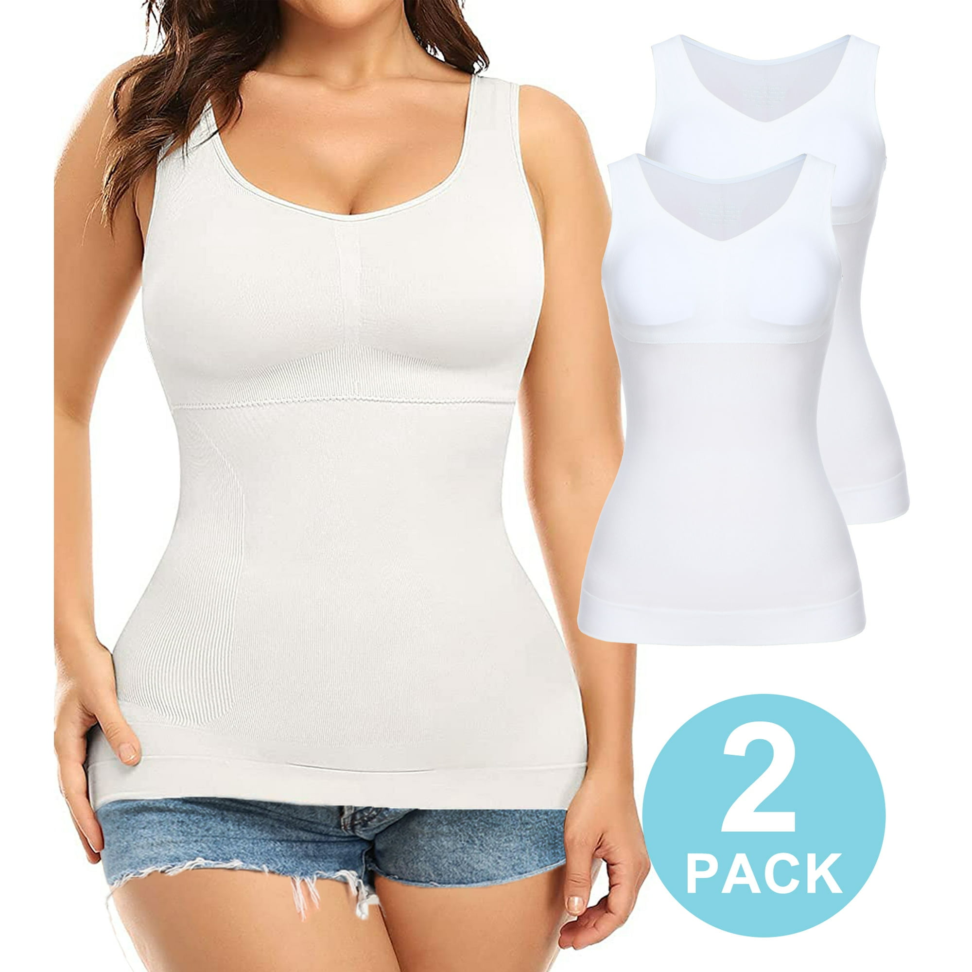 QRIC 2Pack Women Cami Shapewear with Built in Bra Basic Yoga Tank Top