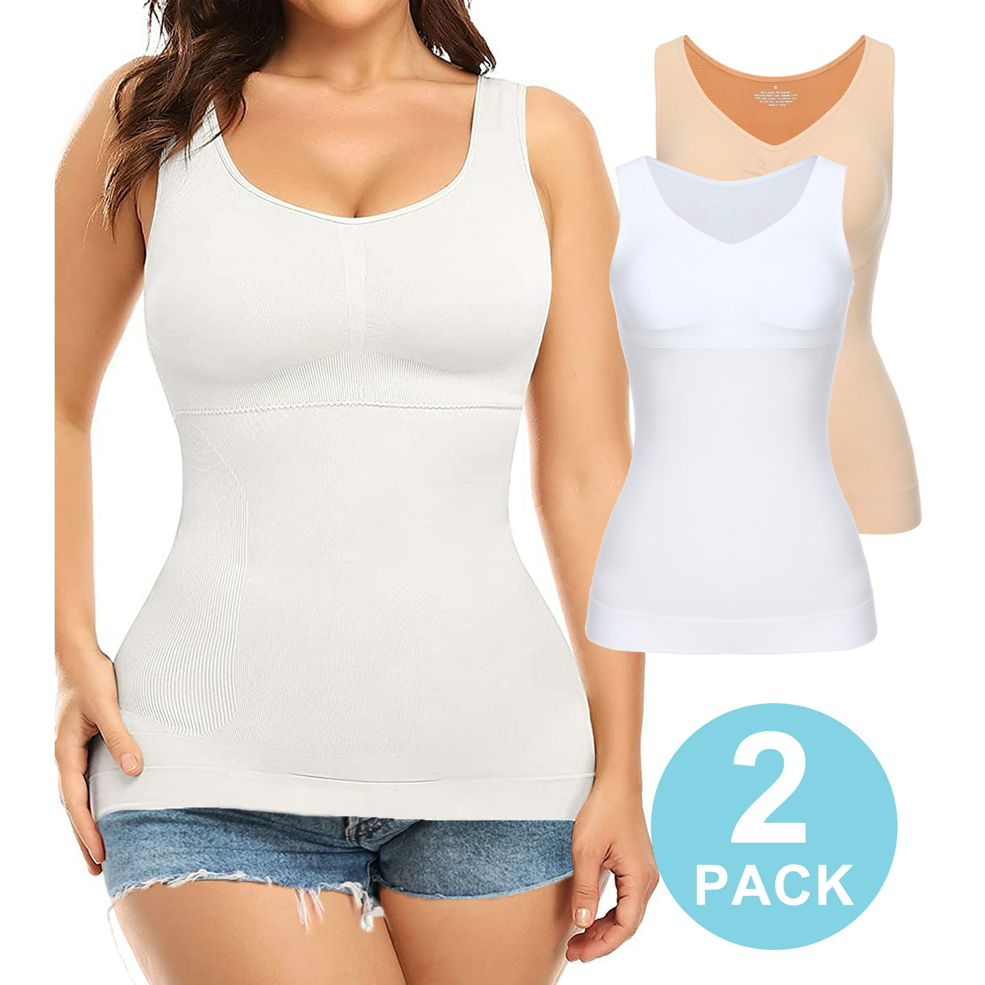 QRIC 2-Pack Women Cami Shapewear with Built in Bra Basic Yoga Tank Top  Undershirts Body Shaper