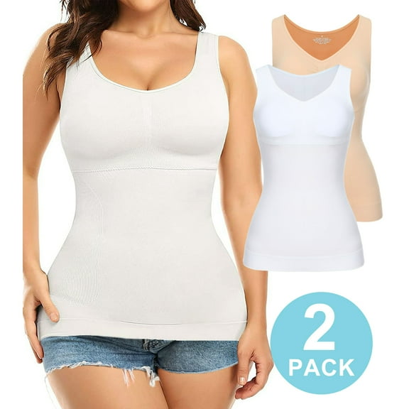 QRIC 2-Pack Women Cami Shapewear with Built in Bra Basic Yoga Tank Top Undershirts Body Shaper