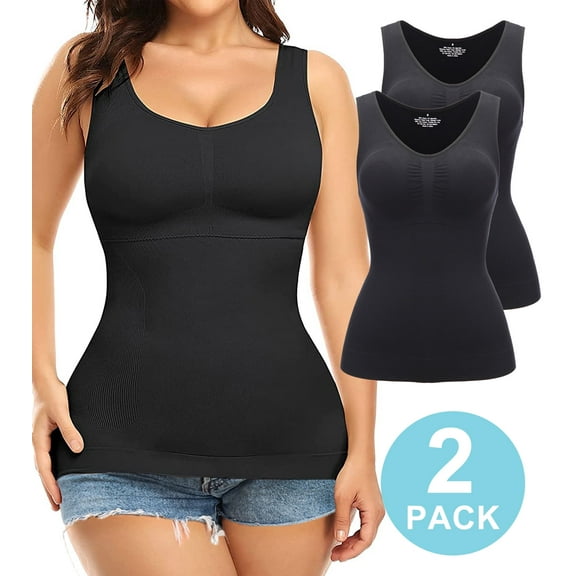QRIC 2-Pack Women Cami Shapewear with Built in Bra Tummy Control Tank Top Undershirts Body Shaper