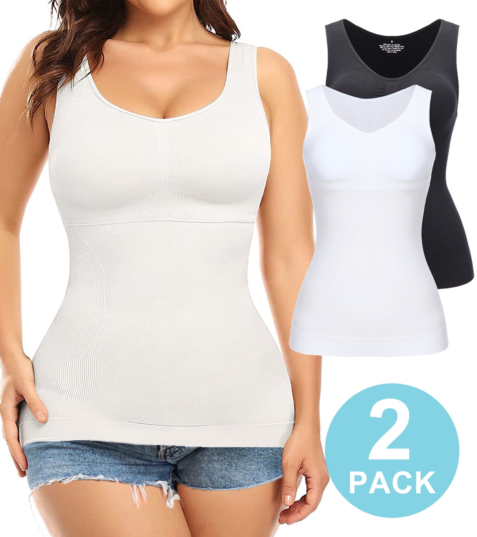 QRIC 2-Pack Women Cami Shapewear with Built in Bra Tummy Control Tank Top  Underskirts Body Shaper 