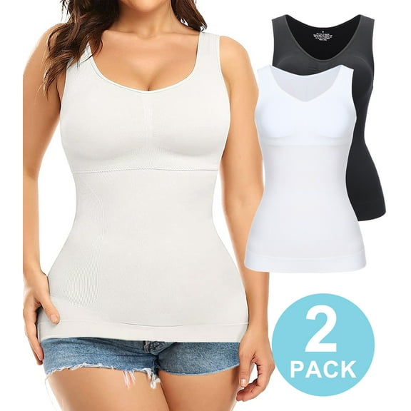QRIC 2-Pack Women Cami Shapewear with Built in Bra Tummy Control Tank Top Undershirts Body Shaper
