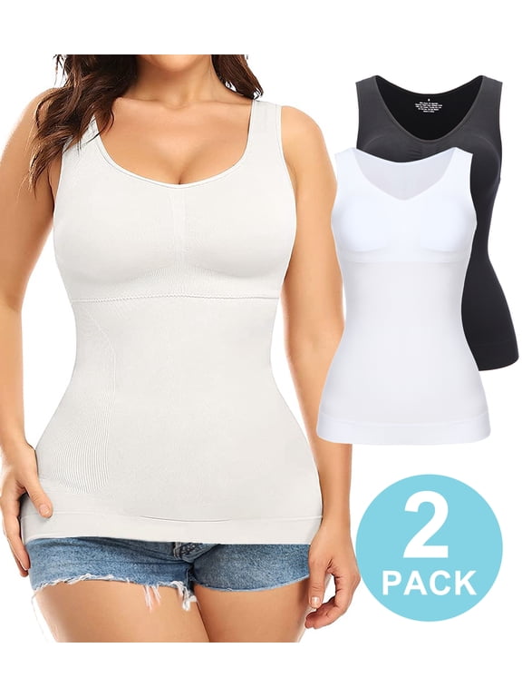 2-Pack Women Cami Shapewear with Built in Bra Tummy Control Tank Top Undershirts Body Shaper