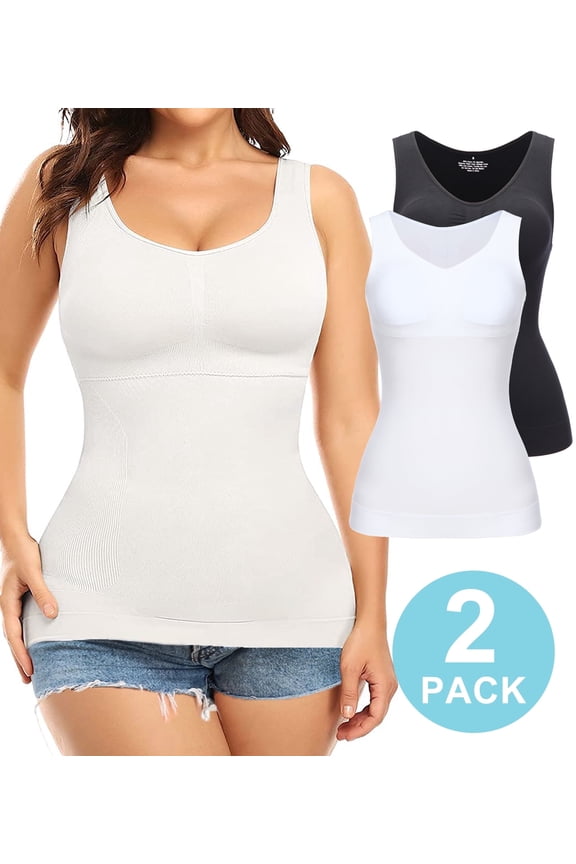 2-Pack Women Cami Shapewear with Built in Bra Tummy Control Tank Top Undershirts Body Shaper