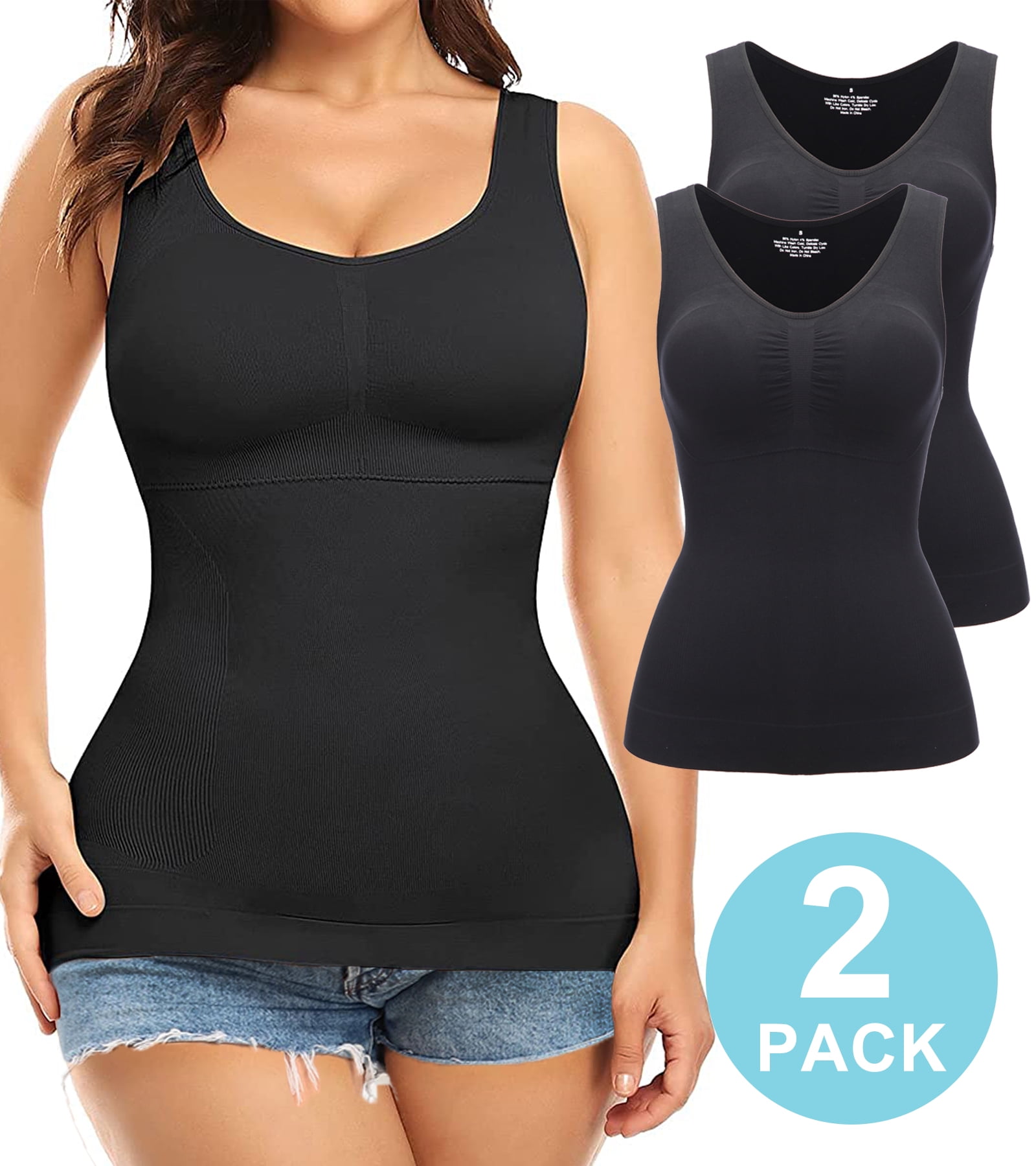QRIC Compression Cami Shirts for Women Tummy Control Shaper Tank Top with  Built in Removable Padded Bra Shapewear 
