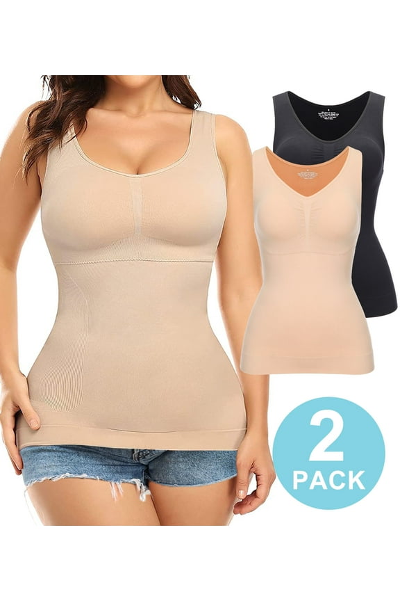2-Pack Women Cami Shapewear with Built in Bra Tummy Control Tank Top Undershirts Body Shaper