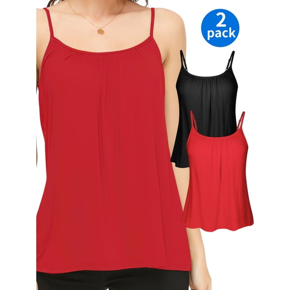 QRIC 2-Pack Women Cami with Built in Bra Cup Summer Casual Flowy Swing Pleated Tank Top with Adjustable Strap, 3XL