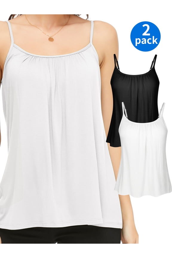 2-Pack Women Cami with Built in Bra Cup Summer Casual Flowy Swing Pleated Tank Top with Adjustable Strap, XXL