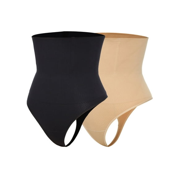 QRIC 2 Pack Women High Waist Tummy Control Panties Sexy Thong Panty Slimming Shapewear