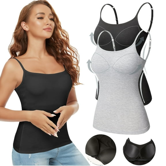 QRIC 2 Pack Women Padded Built-in Shelf Bra Camisole Summer Tank Top for Women Adjustable Straps (S-3XL)